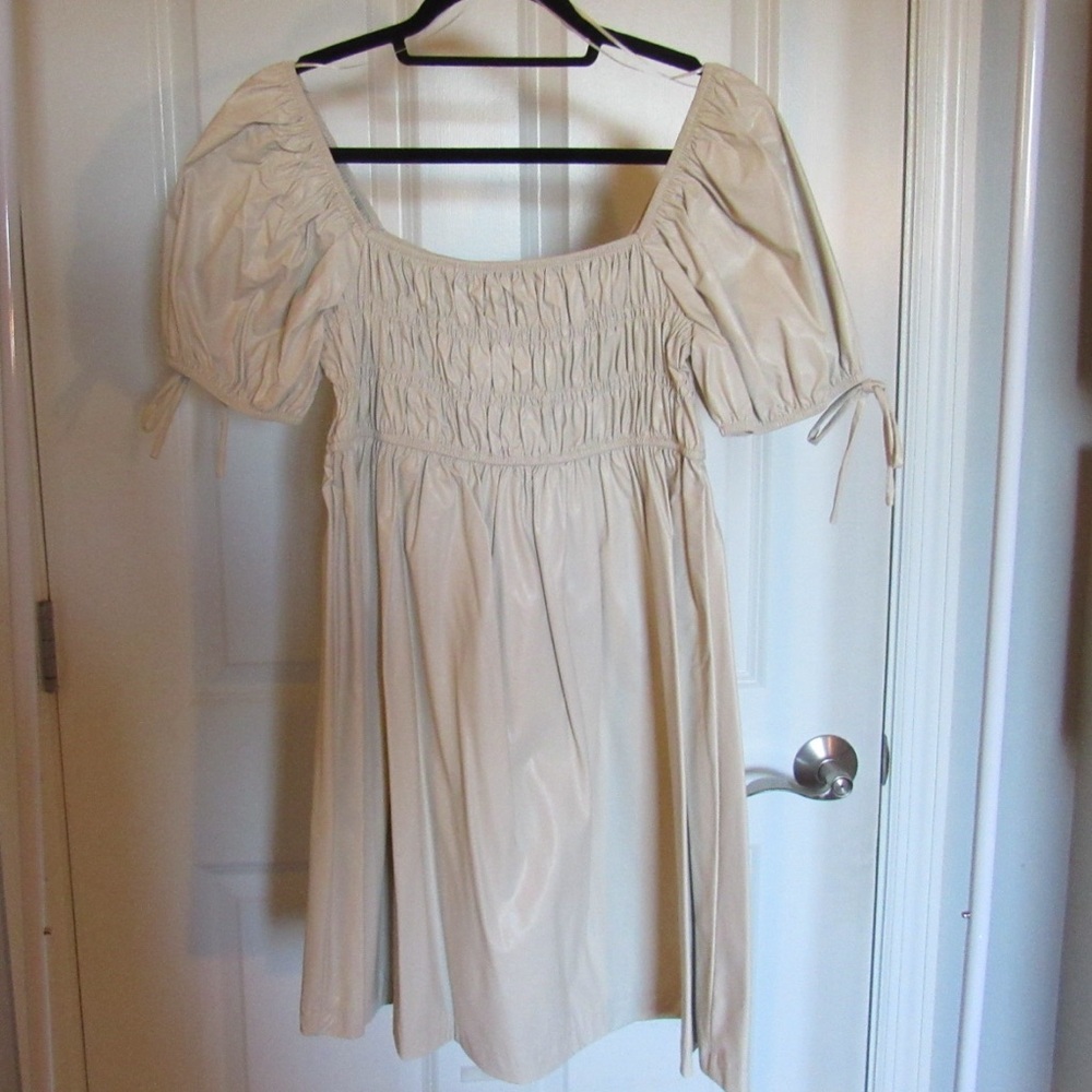 Cream Faux Leather Dress with Puff Sleeves